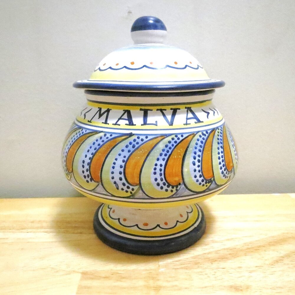 L' Antica di Deruta Italy Terracotta Malva Herb Jar Canister Handpainted
